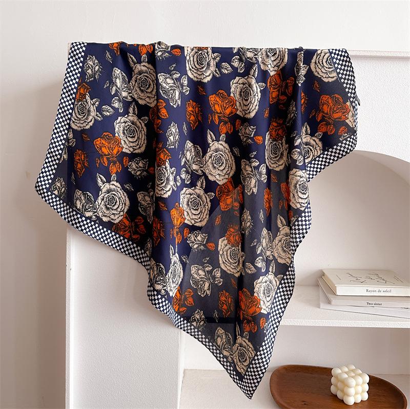 European and American rose small square scarf simulation silk scarf headscarf women's spring and summer scarf printed neck protection scarf profession