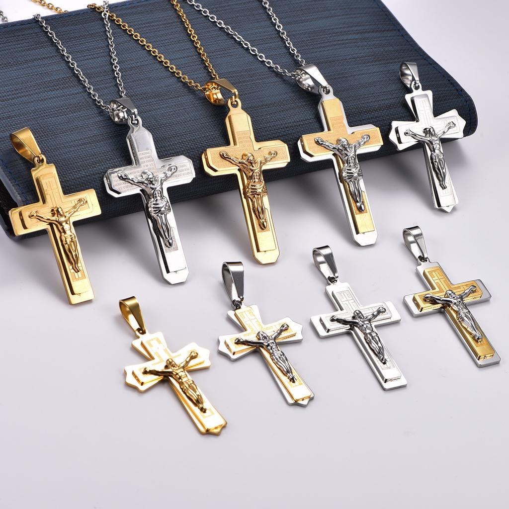 Stainless Steel Jesus Crucifix Cross Pendant Necklace for Women Men Religious Faith Prayer Charms Chain Amulet Metal Jewelry