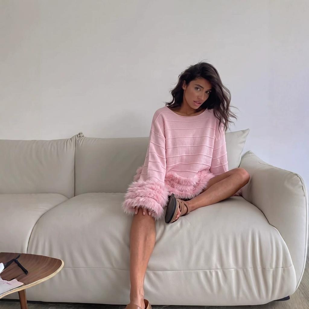 2026 autumn and winter new European and American ins romantic Su splicing crew neck sweater women's lazy wind striped knitted top