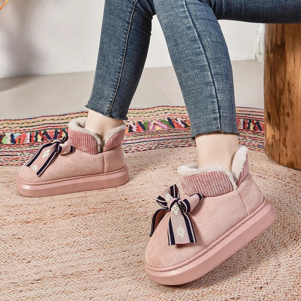 Fashion Snow Boots Women 2024 Winter New Bow Wrap with Cotton Shoes Warm Plus Fleece Flat Woolen Cotton Shoes