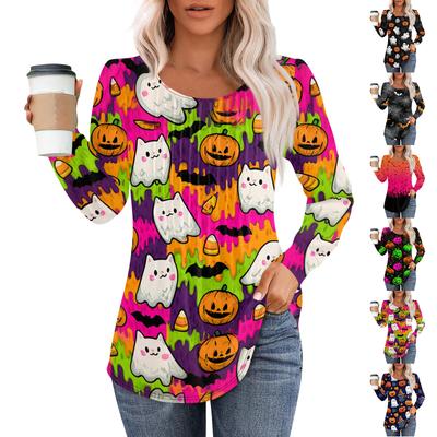 Women's Long Sleeve Halloween Print T-Shirt with Pleated Round Neck Casual Top