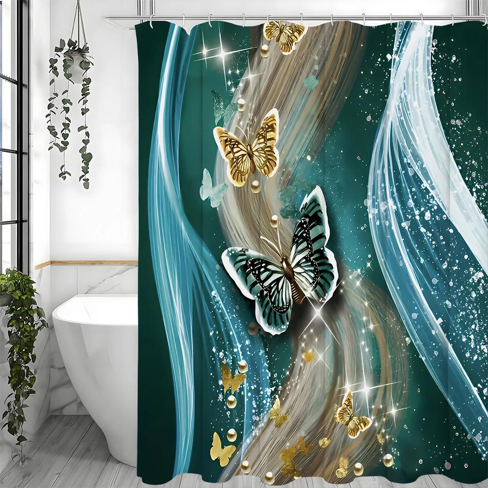 Shower Curtain with Blue Butterflies and Gold Butterflies, Water Surge, White Gauze Shower Curtain with Hooks, Waterproof Shower
