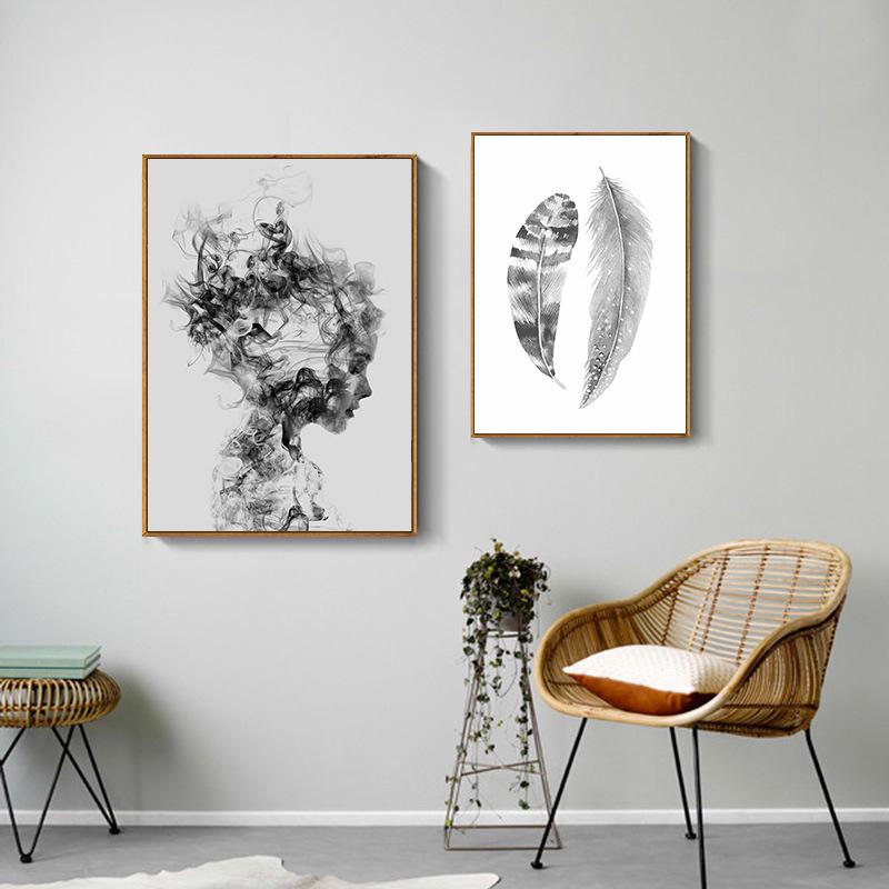Nordic Grey & White Abstract Holding Hands & Feather Canvas Art for Living Room