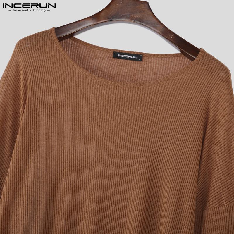 INCERUN Men Scoop Neck Long Sleeve Texture Flimsy Rib Casual Loose T-shirts Tops Undershirts
