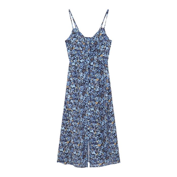French floral v-neck suspender dress women s summer sweet babes skirt blue retro temperament split-ended long dress S синий