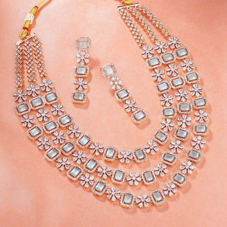 Sparkling Estele Rose Gold Plated 3 Layers Necklace Set with Zircons, Mint Green and White Crystals for Women
