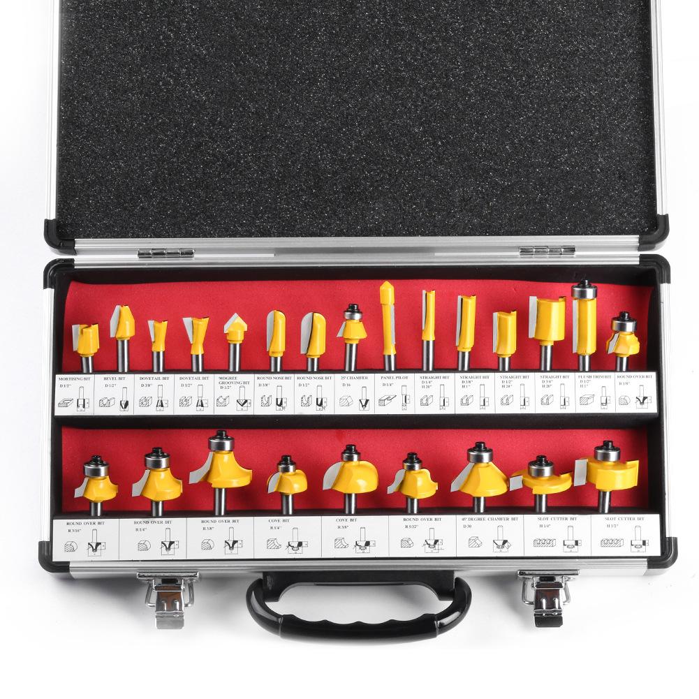 24-Piece Set 1/4 Handle Woodworking Milling Cutter 1/4 Handle Trimming Machine Engraving Machine Cutter Head Woodworking Tool Rounded Corner Slotting
