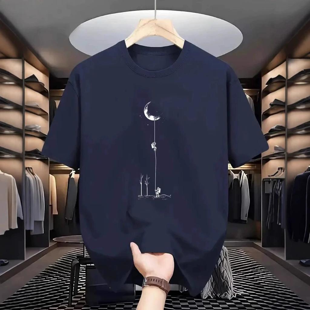 Summer Men's Pure Cotton Casual Loose Fit Plus Size Moon Landing Pattern Printed Round Neck Short Sleeved T-shirt Top