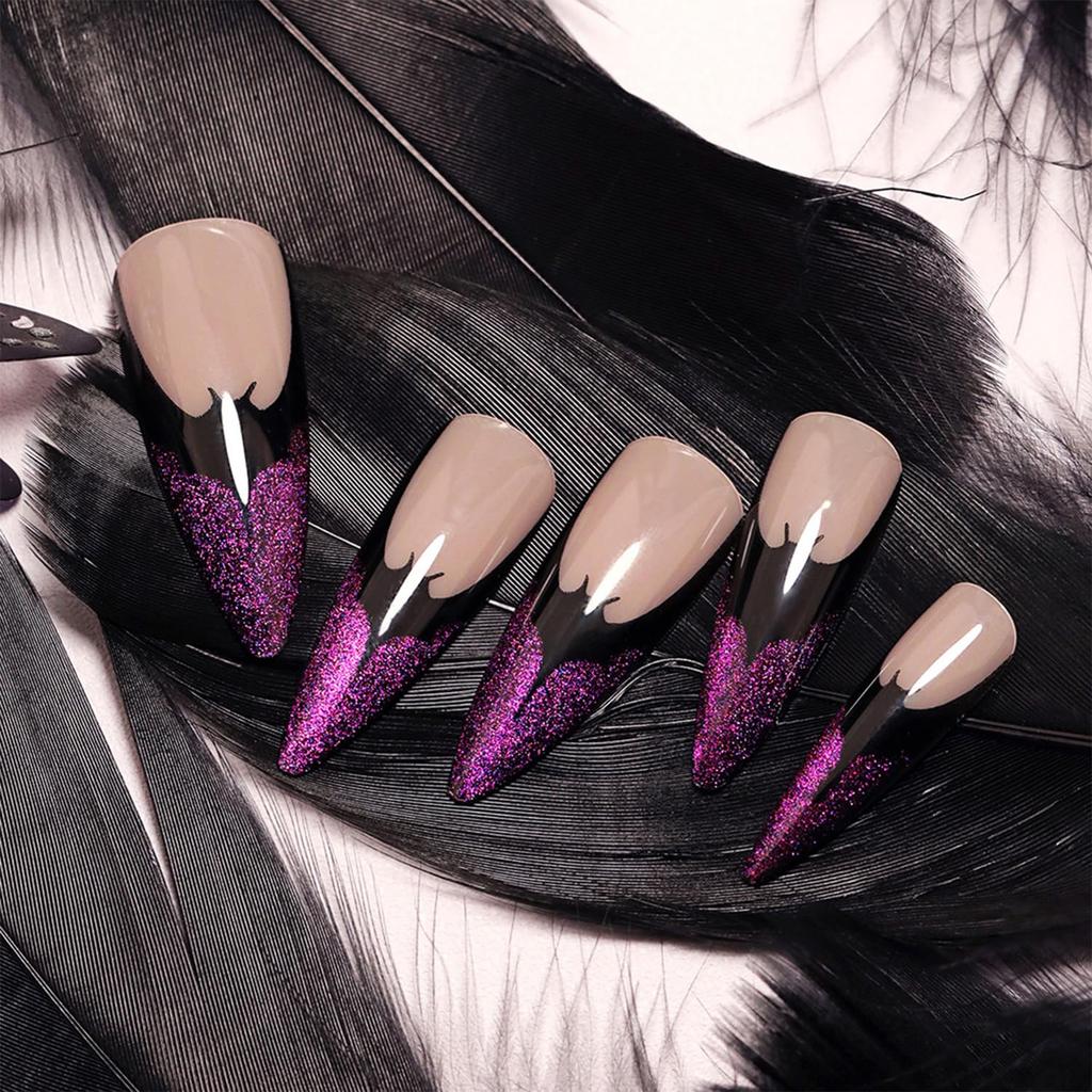 Halloween Press On Nails Medium Almond Fake Nails with Designs Bat Purple French Tip Glossy Glue On Nail 24 Pcs Natural Reusable Acrylic Nail for
