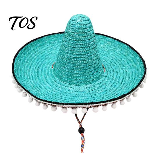 Mexican Straw Hat Sombrero with Colorful Poms, Hawaiian Style Woven Sun Hat, Wide Brim Lightweight Halloween Costume Party for Summer Beach