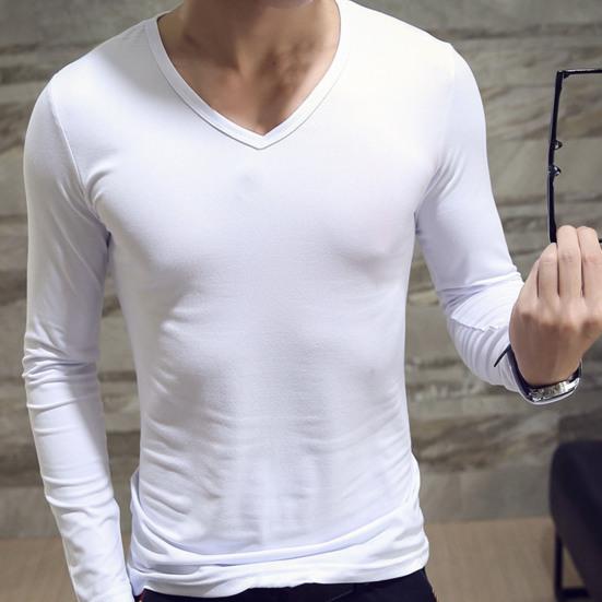 Men Shirt Solid Color Pullover Casual V Neck Long Sleeve Slim Autumn Base Shirt for Daily Wear