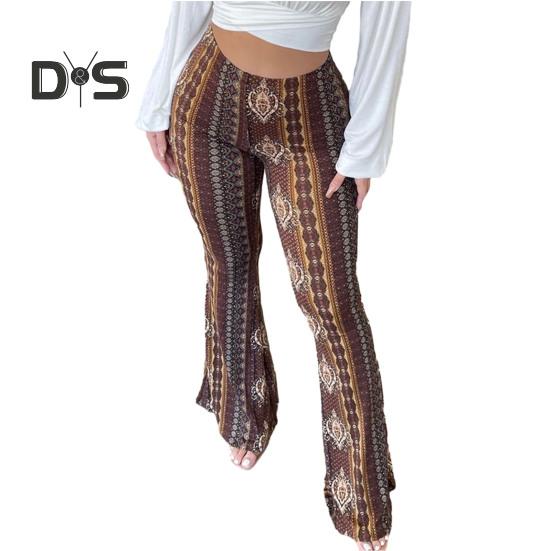 

Женские брюки с высокой эластичной резинкой на талии, расклешенные подол с ретро-принтом, облегающие эластичные повседневные мягкие дышащие спортивные длинные брюки для йоги 2XL коричневый