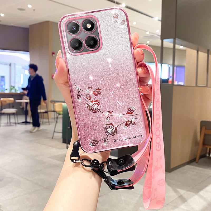 

KADEM For Honor X8 5G/X6 4G/70 Lite 5G Anti-Fingerprint TPU Phone Case Glitter Flower Pattern Gradient Cover with Strap Rose Gold