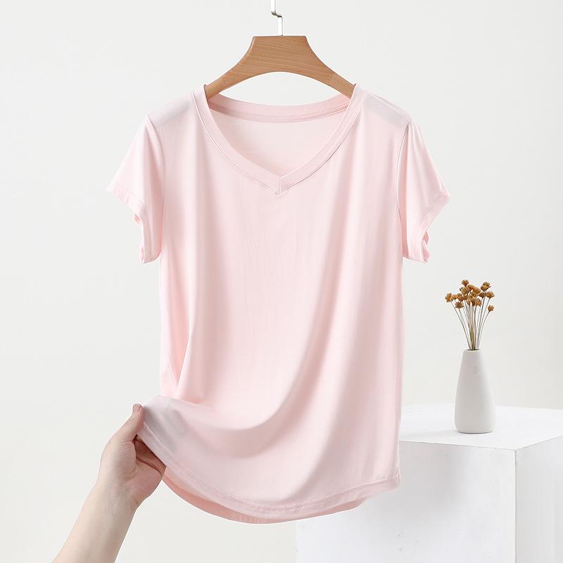 

Женская летняя футболка с V-образным вырезом, приталенная - Тонкая, эластичная, однотонная, с рукавом до локтя, топ из шелка юке XL (120-140 jin)