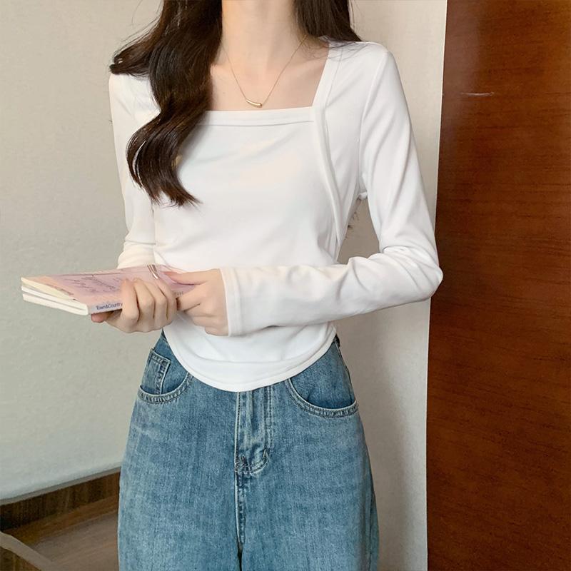 

Новая женская футболка с длинным рукавом и квадратным вырезом, весенне-осенние новые тонкие повседневные рубашки с неровным подолом для девочек M белый