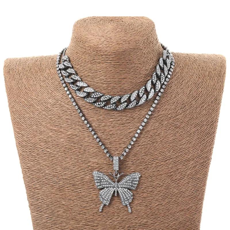 Collier Papillon Cubain pour Femmes Pendentif Strass Transfrontalier Européen et Américain Chaîne de Cou Accessoires Punk Rétro Hip Hop