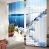 2Pcs Greece Santorini Island Curtains White Houses Architecture Stairs Sea Ship Mountains Scenery Curtains
