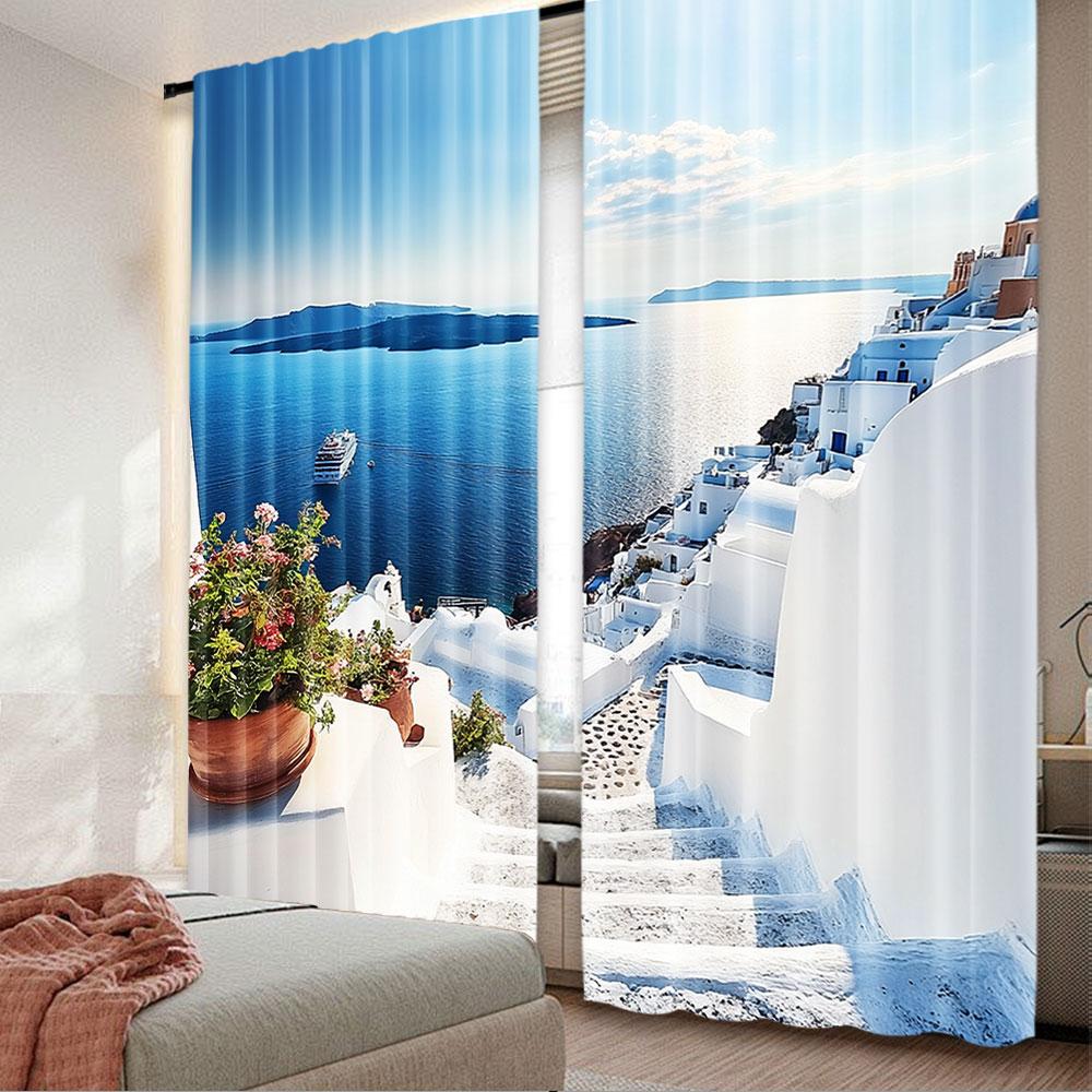 Set Of 2 Greece Santorini Island Curtains White Houses Architecture Stairs Sea Ship Mountains Scenery Made Polyester W100*H70(CM)-Grommet top&2PCS