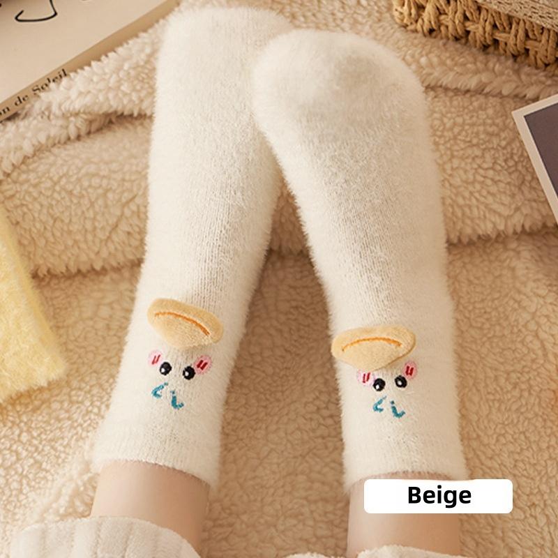 Cartoon Cute Japanese Thick Faux Mink Fur Women's Socks with Mid Length Socks Autumn and Winter Warm Floor Socks