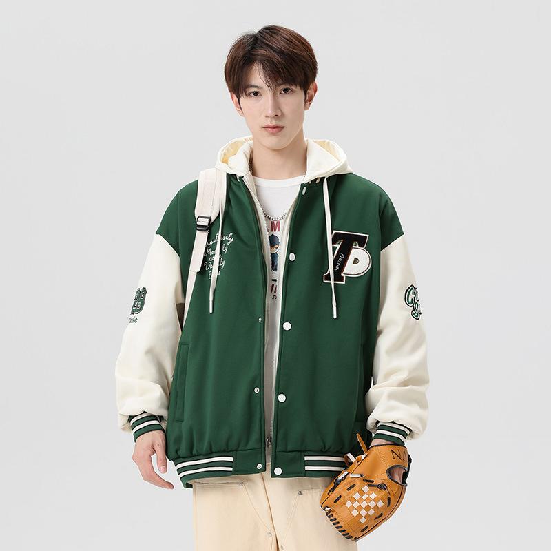 Men's casual fake two-piece hooded jacket men's outdoor sports thickened jacket men's teenagers loose student simple