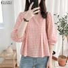ZANZEA Women Grid Print Casual Round Neck 3/4 Sleeve Blouse