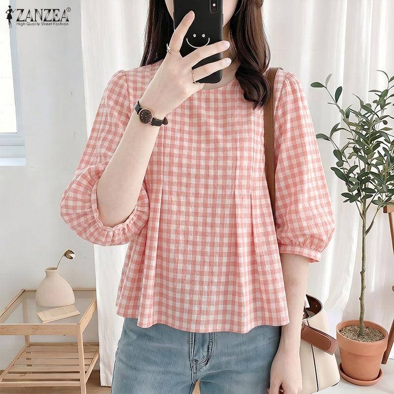 ZANZEA Women Grid Print Casual Round Neck 3/4 Sleeve Blouse