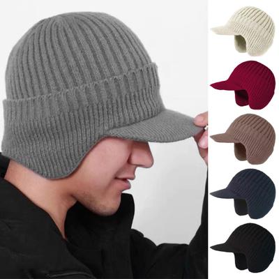 Winter Ear Protection Hat with Ear Flaps Knitted Long Brim Keep Warm Thick Elastic Anti-slip Solid Color Gift for Father Grandfather Outdoor Beanie