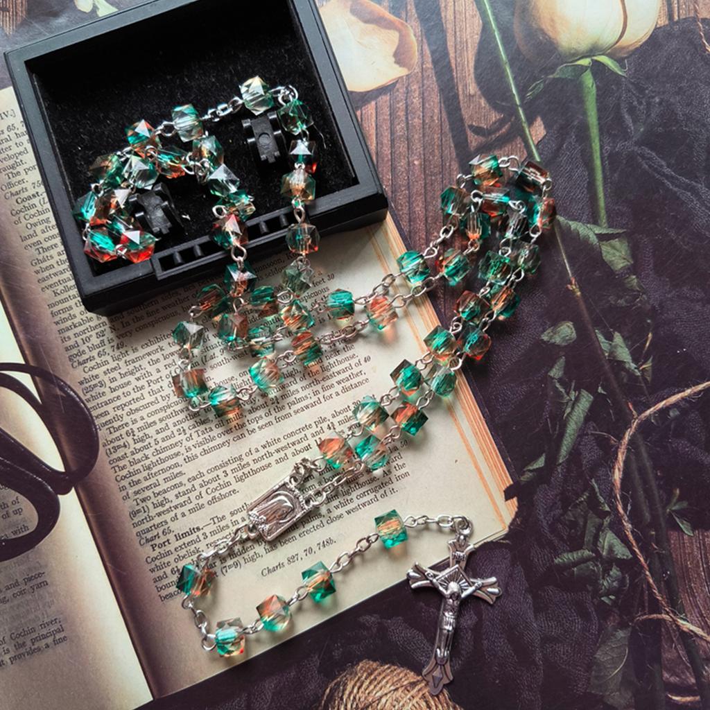 Colorful Beads Gothic Necklace with Long Pendant Cross Rosary Necklaces Unique and Durable Hangable Pendant Bead Chain