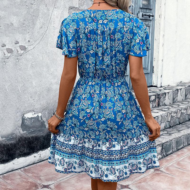 New summer women's v-neck ethnic floral dress