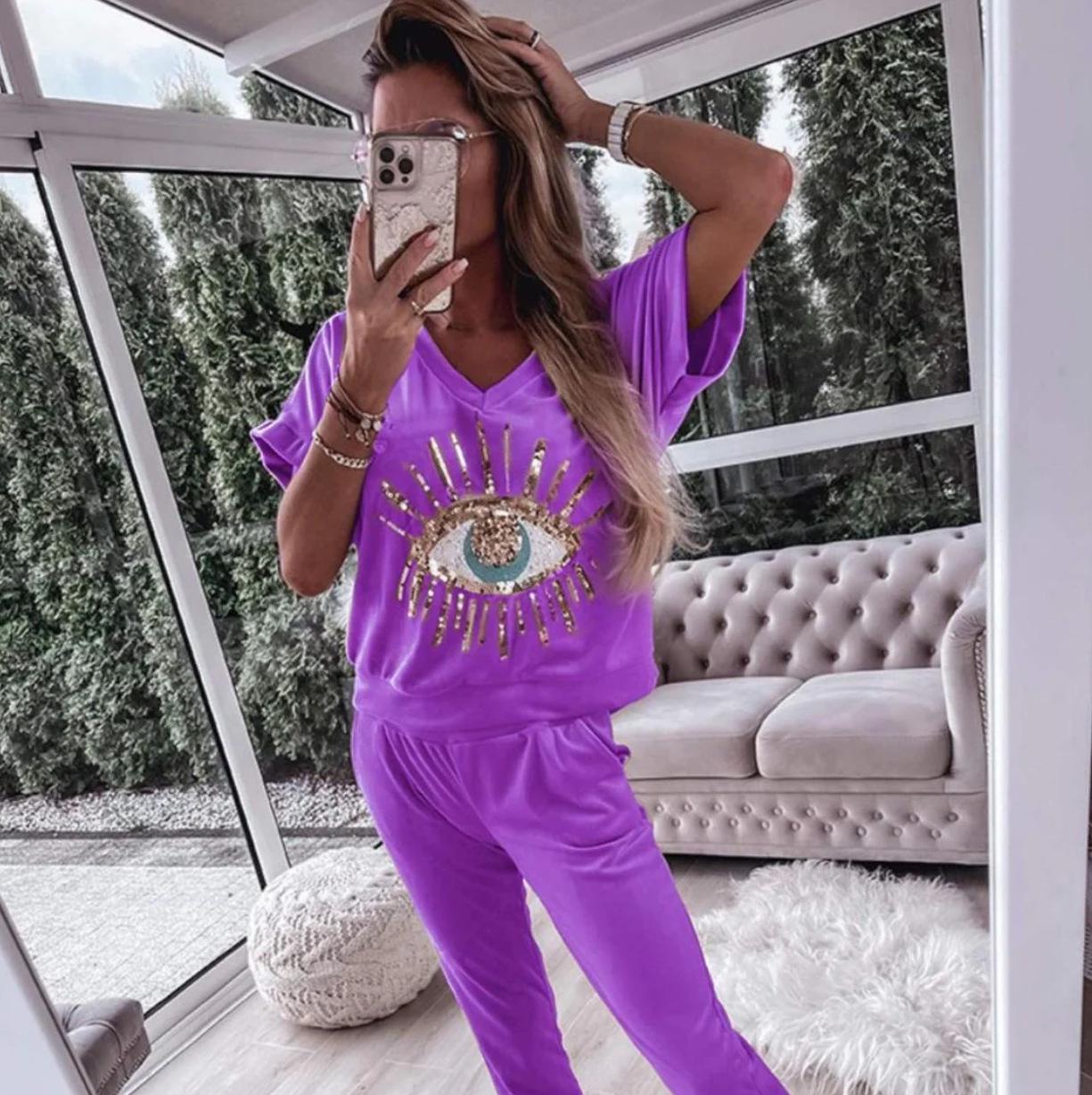 

2024 Women s Summer Evil Eye Sequin Short Sleeve Long Pants Casual Set - European & American Fashion S фіолетовий