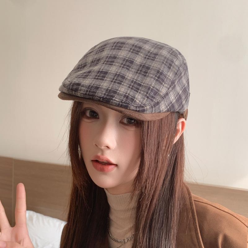 Retro Plaid Forward Hat Japanese All Match Beret Autumn and Winter Warm and Showy Little Literary Newsboy Painter Peaked Cap