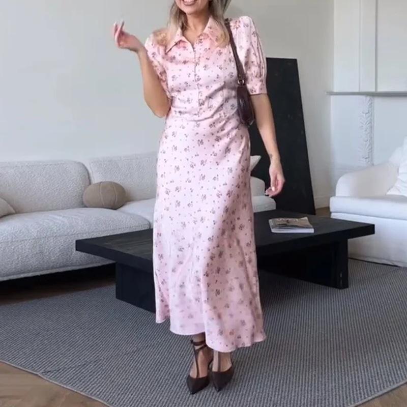 2026 Women s Summer New Fashion Elegant Printed Button Slim Dress S розовый