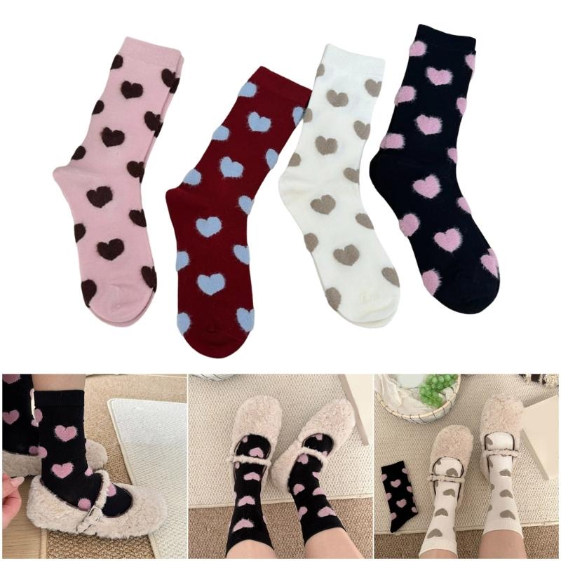 4 Pairs Womens Casual Crew Socks Elastic Fit Flocking Heart Pattern Soft Nylon Fabric Calf Socks for Comfort and Fashion