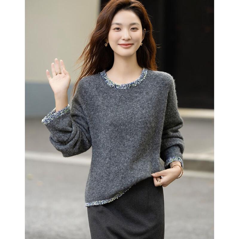 Demana Women's Color-Block Lamb Wool Blend Round Neck Knit Sweater