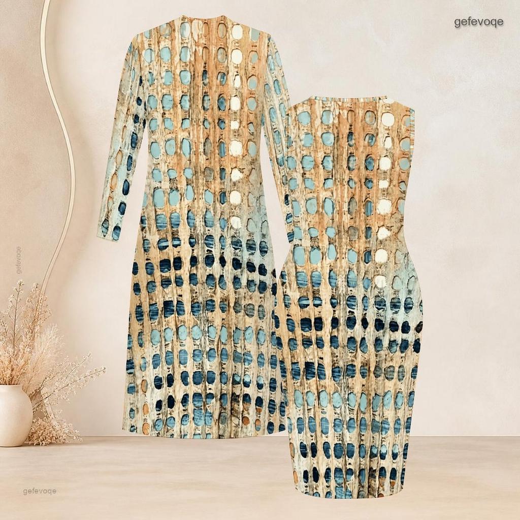 Women Plus Size Printed Two Piece Set Long Sleeve Open Front Long Cardigan Sleeveless Bodycon Dress
