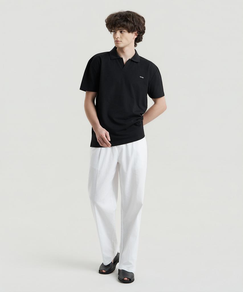 Delma Linen-Touch Semi-Wide Elastic Waist Pants - White