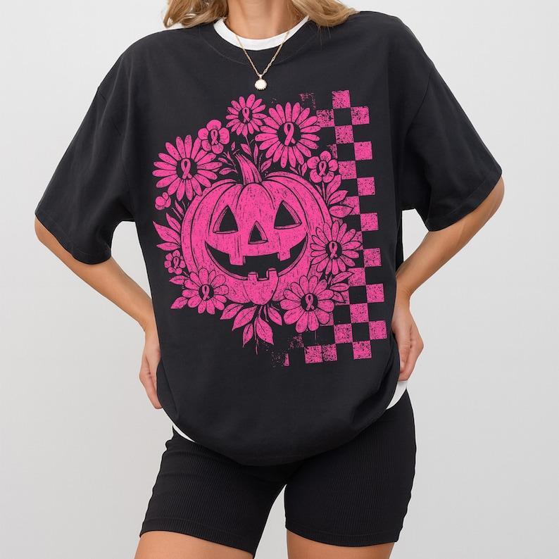 Women Unisex Pink Pumpkin Breast Cancer Awareness Halloween Tshirt Ribbon Design Pumpkin Lamp Graphic T Shirts Aesthetic Y2k Top