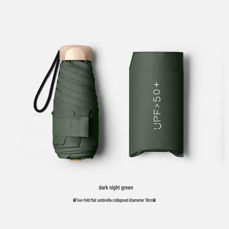 Five-Fold UV Protection Compact Sun and Rain Umbrella, Black Glue Coating.