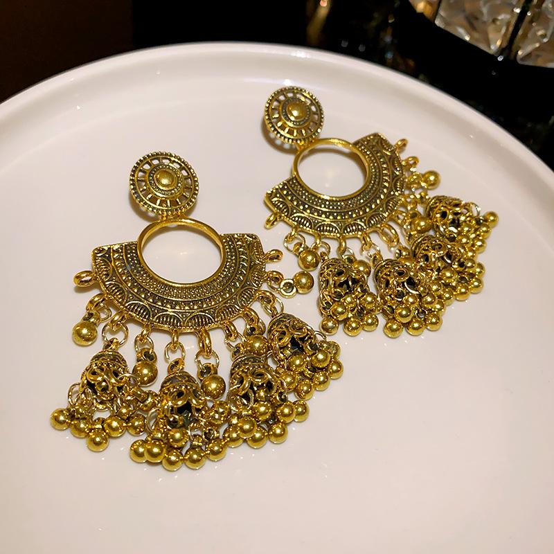 Medieval silver needle fan bell fringed earrings retro niche design stud earrings exaggerated high-end earrings
