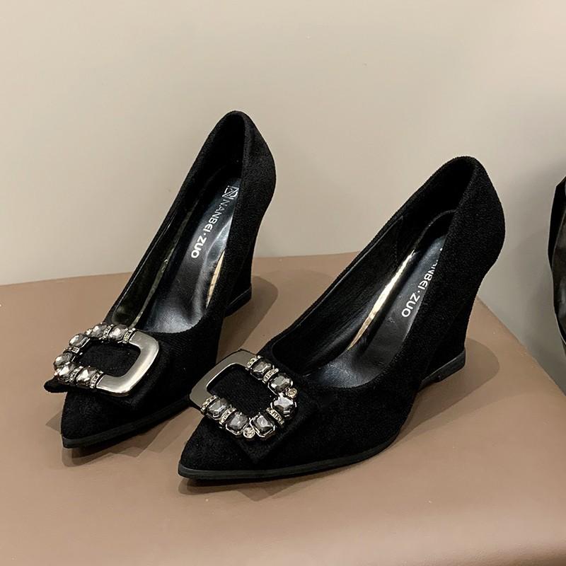 Fashion 35-43 Fashion Wedges Shoes Women Black Sexy High Heels Pointed Toe Square Buckle Rhinestone Career Work Shoes Tacones Mujer