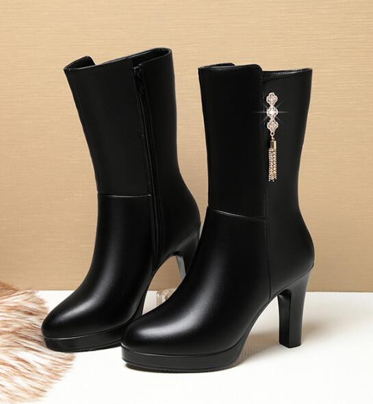 Women's Winter Boots Genuine Leather Female Boots Warm High-heeled Plush Boot Women Trend Mid-calf Boots Women Zipper Round Head