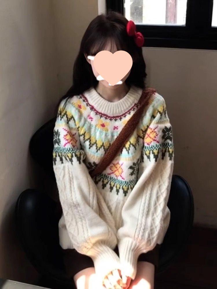 Women's Fair Isle Crew Neck Pullover Sweater - Spring/Summer Loose Fit Knit Top