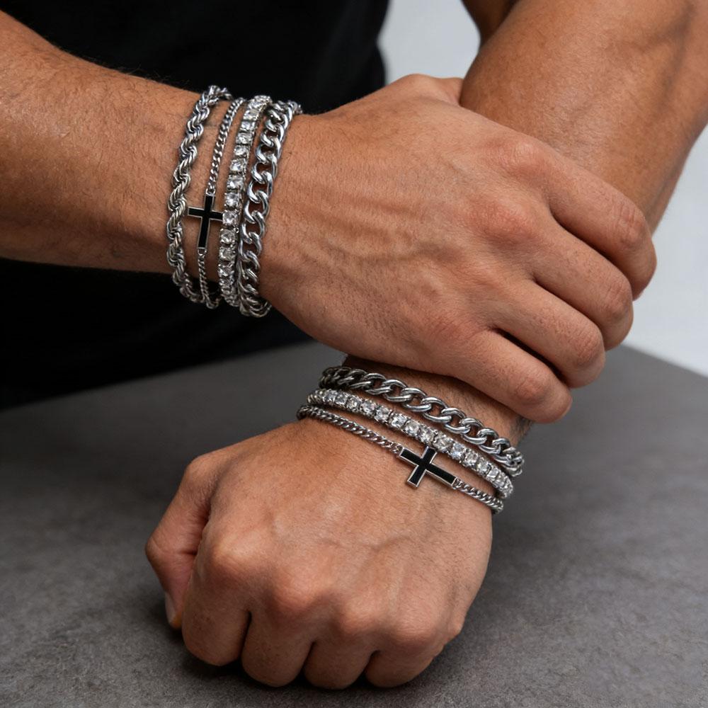 Punk Hip-Hop Stainless Steel Cross Rhinestones Chain Bracelet Set for Men Women Vacation Date Casual Jewelry Gift