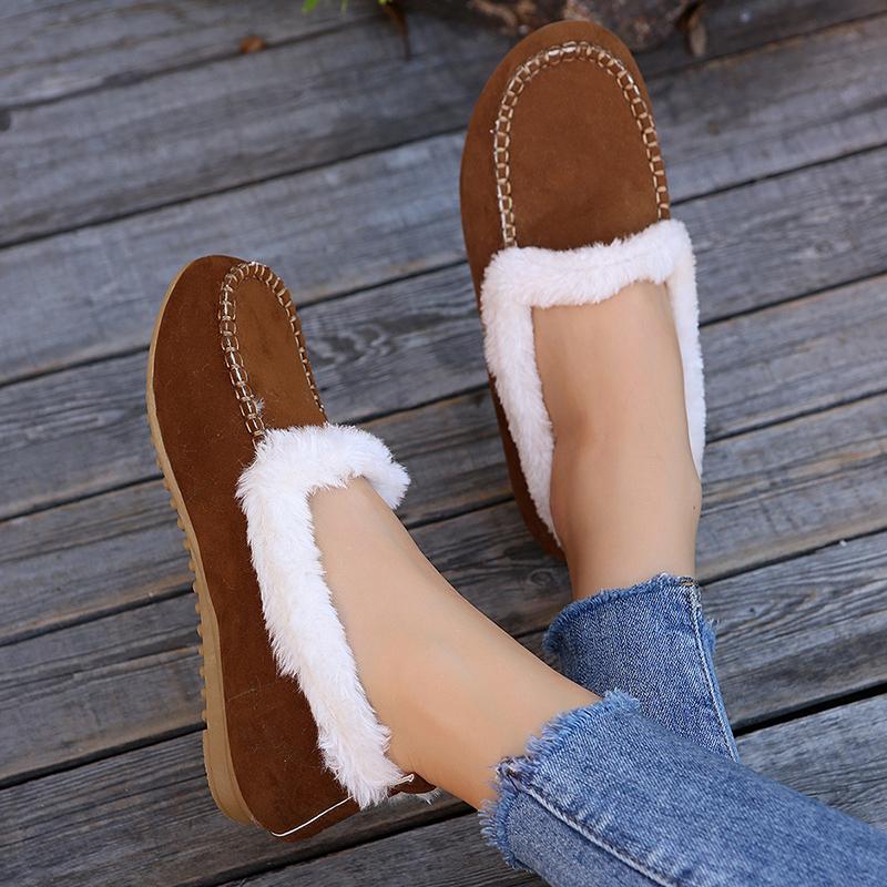 Lucyever 2024 Winter Slip On Thick Plush Flats Shoes for Women Comfort Warm Casual Shoes Woman Solid Color Soft Sole Loafers