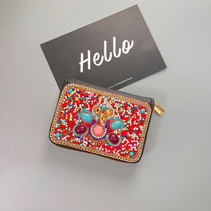 Ethnic Style Card Holder - Multi-layer Premium Hand-feel Vintage Delicate Beaded Zipper Pocket