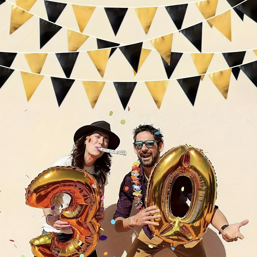 1 Set Black Golden Party Decorations Triangle Pennant Banner Flag Garland Birthday Graduation Wedding Engagement Party Supplies