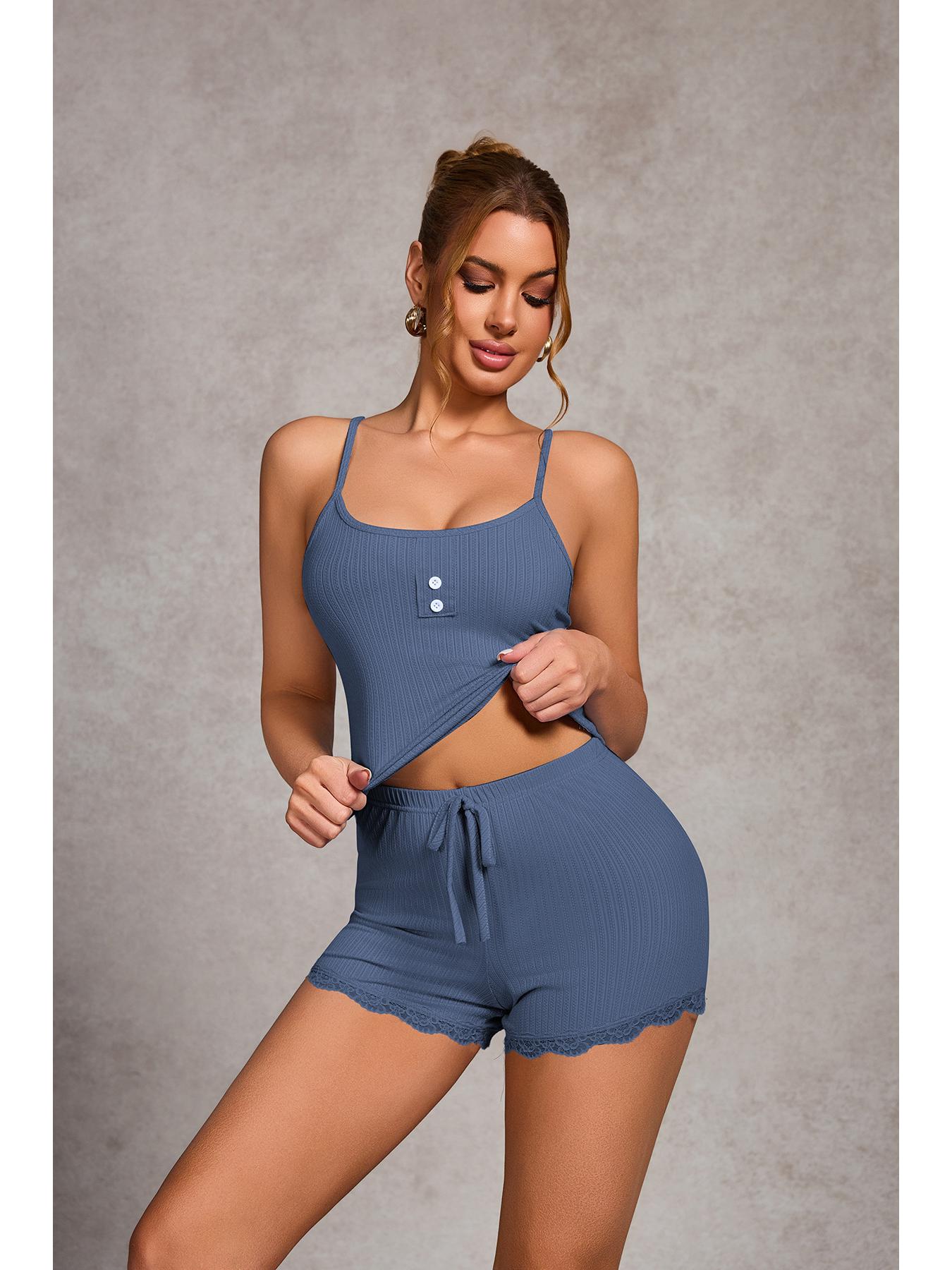 

Новый пижамный комплект в рубчик в евро-американском стиле: Повседневная сексуальная майка и шорты для женщин Small серый/синий