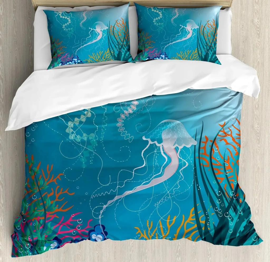 Teal Warm Comforter Cover Set King-Sized Dimensionsd Dimensions Ocean Decor,Jelyfish Soft Duvet Cover Nautical Sea Beding Set Marine Life Retro