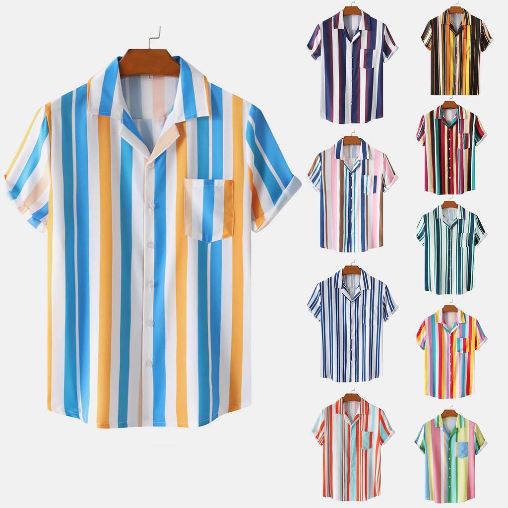 Men's Hawaiian Vacation Casual Top Loose Comfort Striped Short Sleeve Shirt