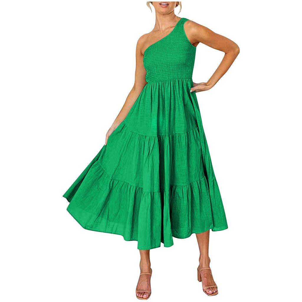 Women's Fashion Casual One Shoulder Pleated Color Medium Length Dress
